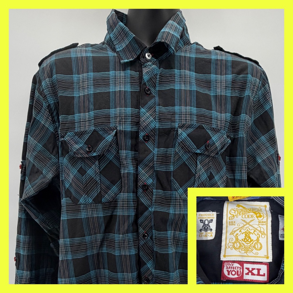 Sovereign Code Shirt Mens XL Blue Black Plaid Shamous Button Up‎ Epaulette